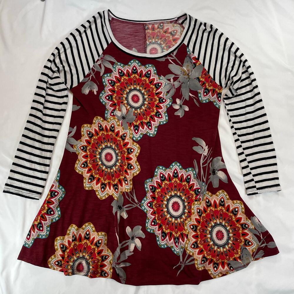 Unbranded Burgundy Floral Mandala Striped Raglan Baseball Tee Small Women